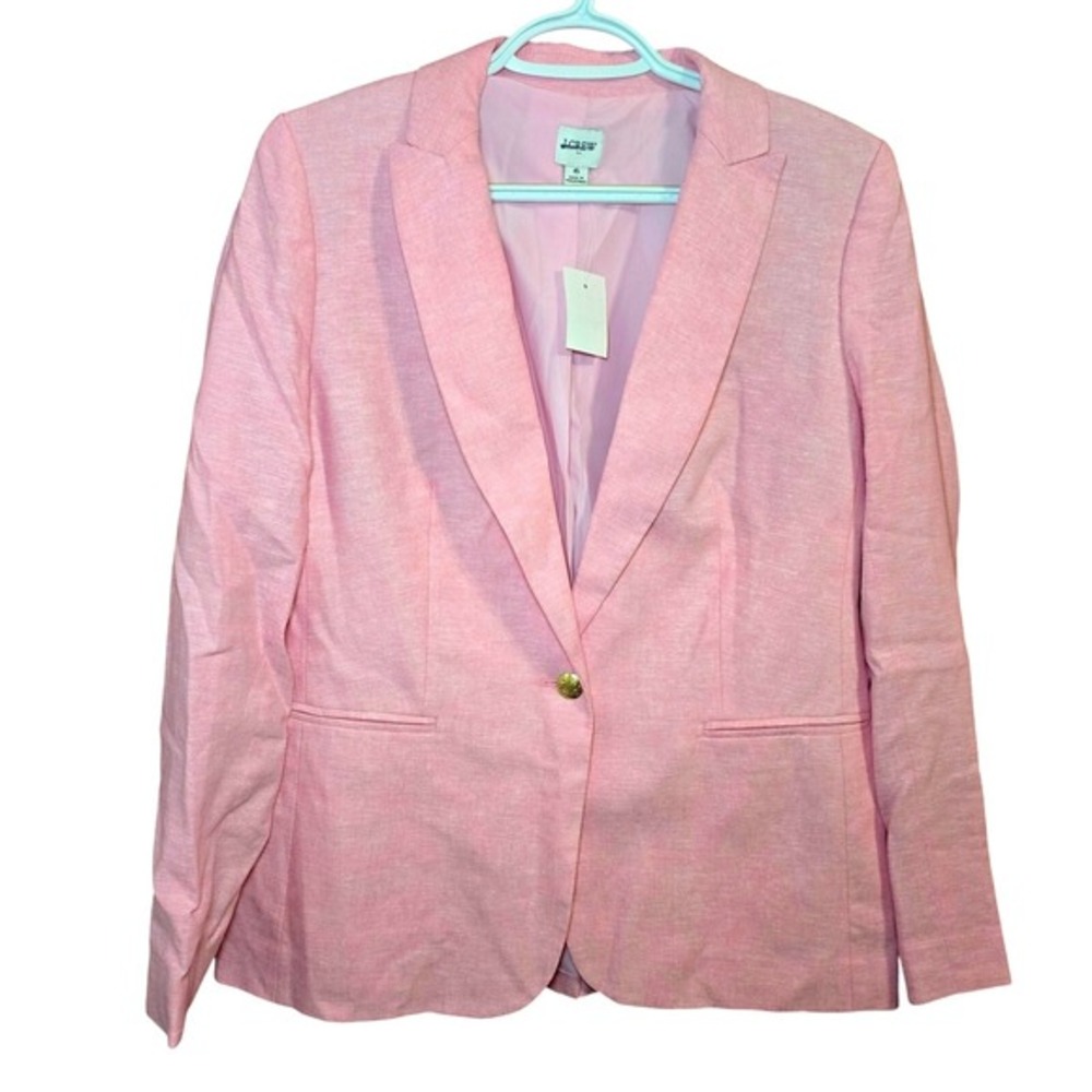 J.Crew Pink Linen Cotton Blend Blazer Gold Crest Button AL222 Womens 6 NEW